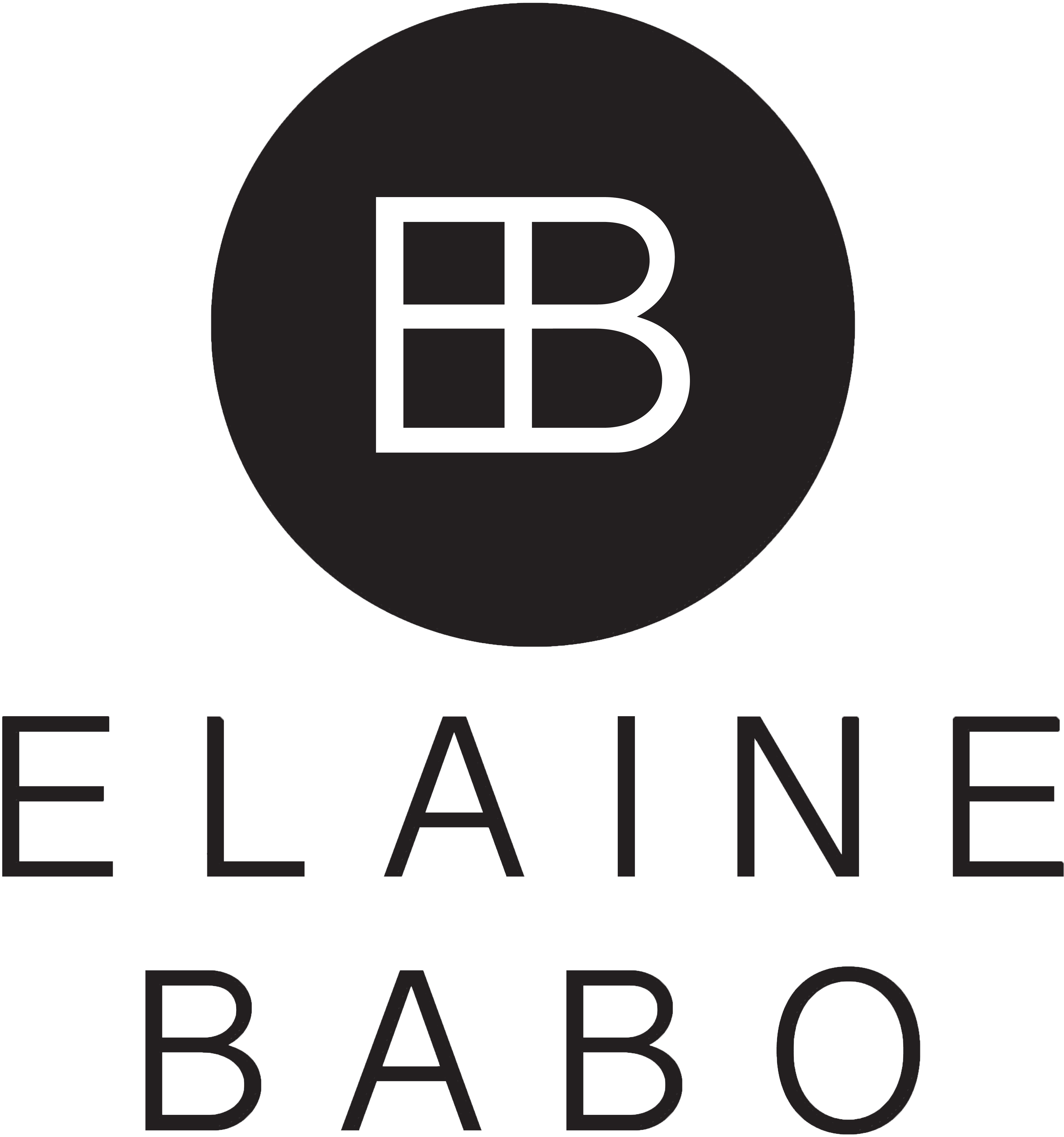 Elaine Babos logo in black with white initials in the middle.